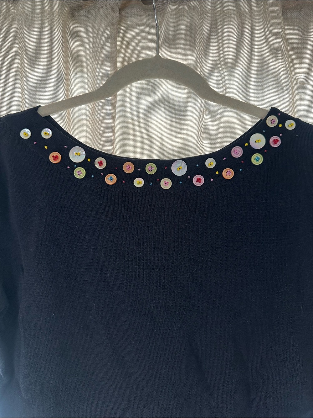 Black Sweater Top with Colorful Button Neck Embellishment size Large